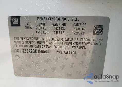 2016 Chevrolet Impala Ls z USA, uszkodzony, nr VIN 1G11Z5SA2GU159546